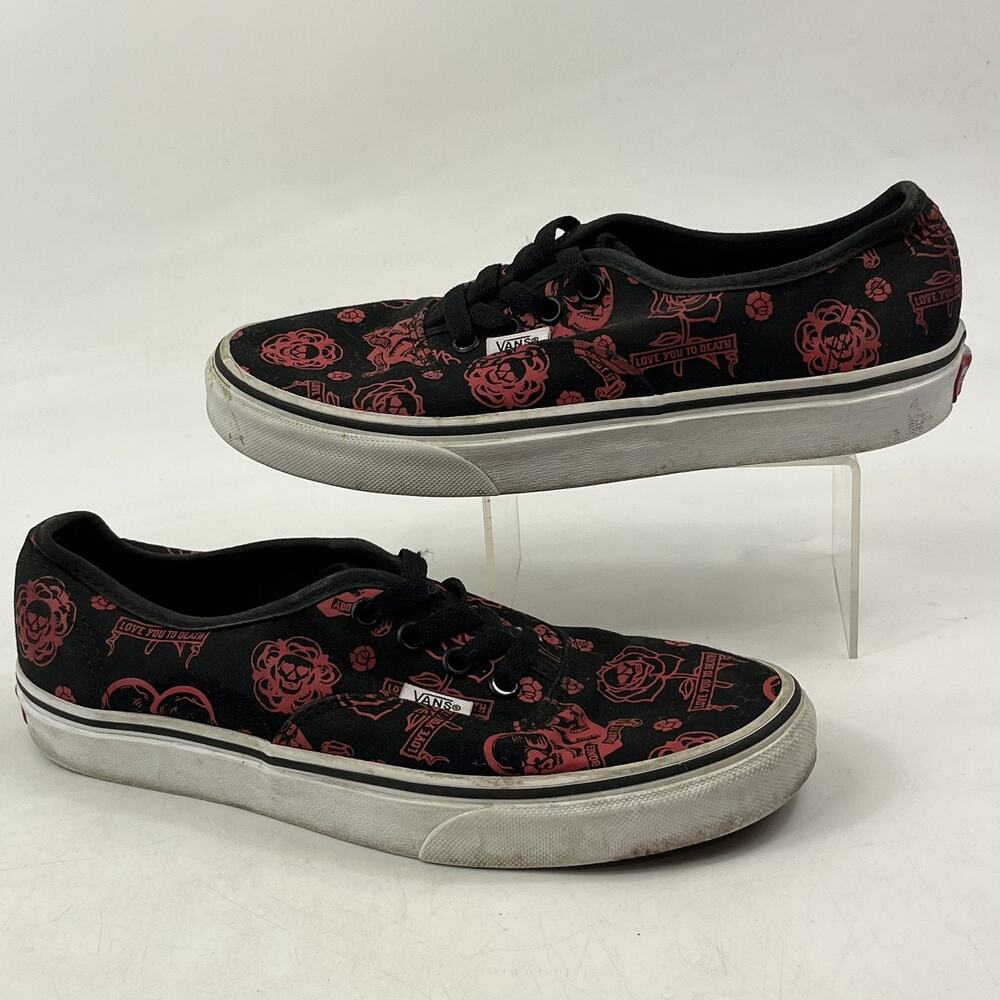 Vans Love You To Death Authentic Sneakers Womens 7.5 Mens 6 Black Red Skull